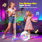 Two children holding wireless microphones singing together with the adjustable purple mic stand extended