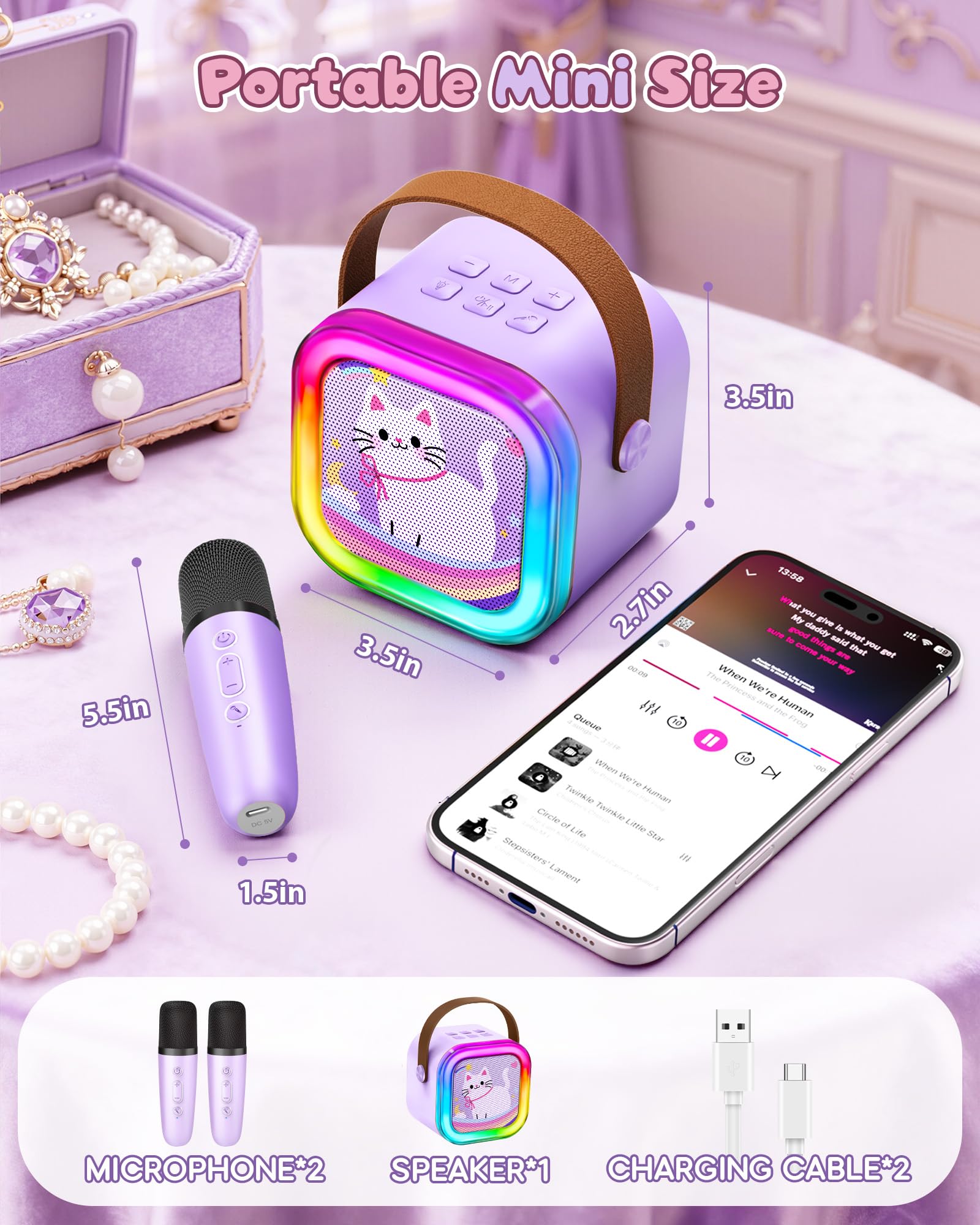 A child interacting with the volume limiting buttons on the purple cat themed musical audio toy
