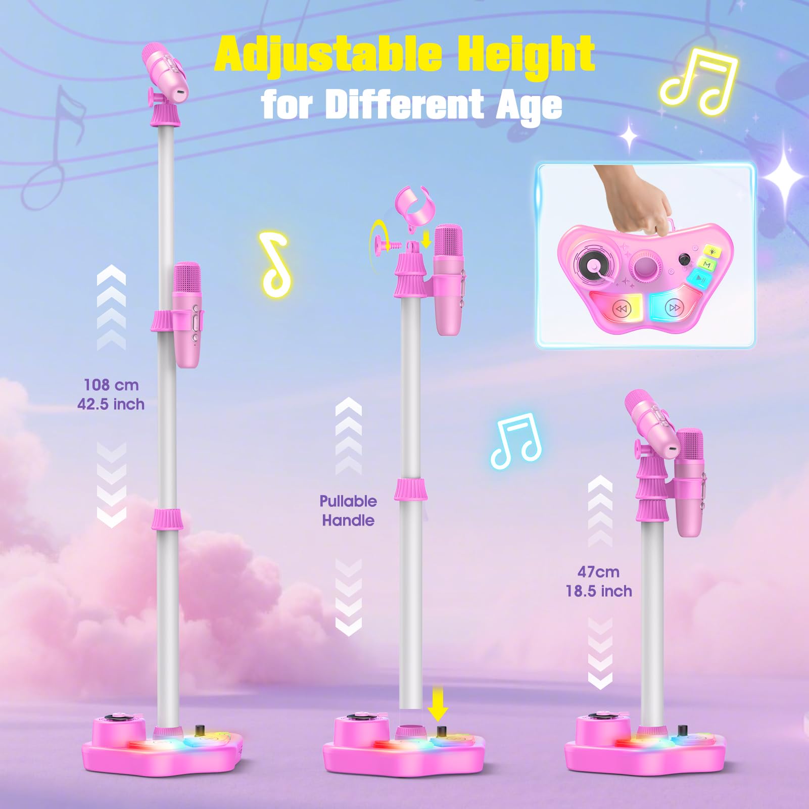 Delighkidz karaoke speaker system showing packaging box contents including USB Type-C cable and user manual