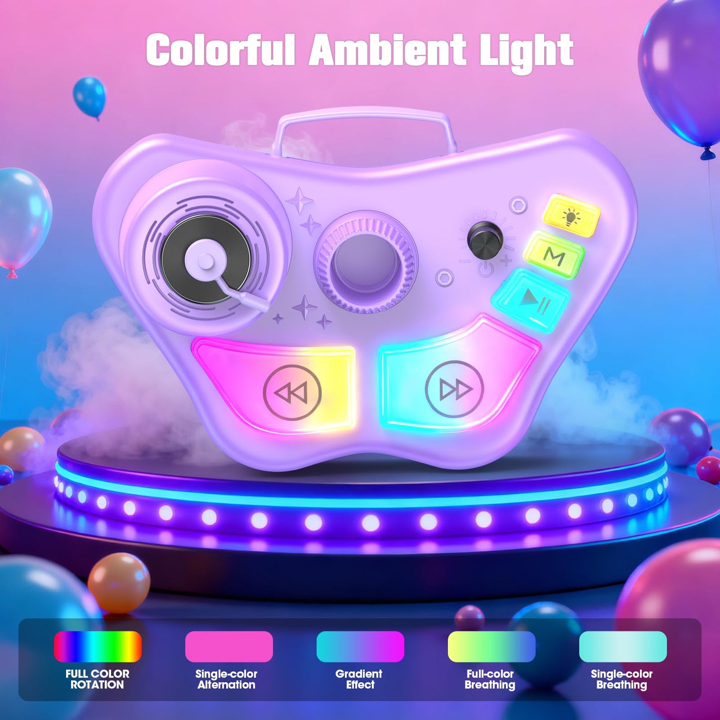 Close up of the speaker base with glowing colorful LED lights and audio control buttons
