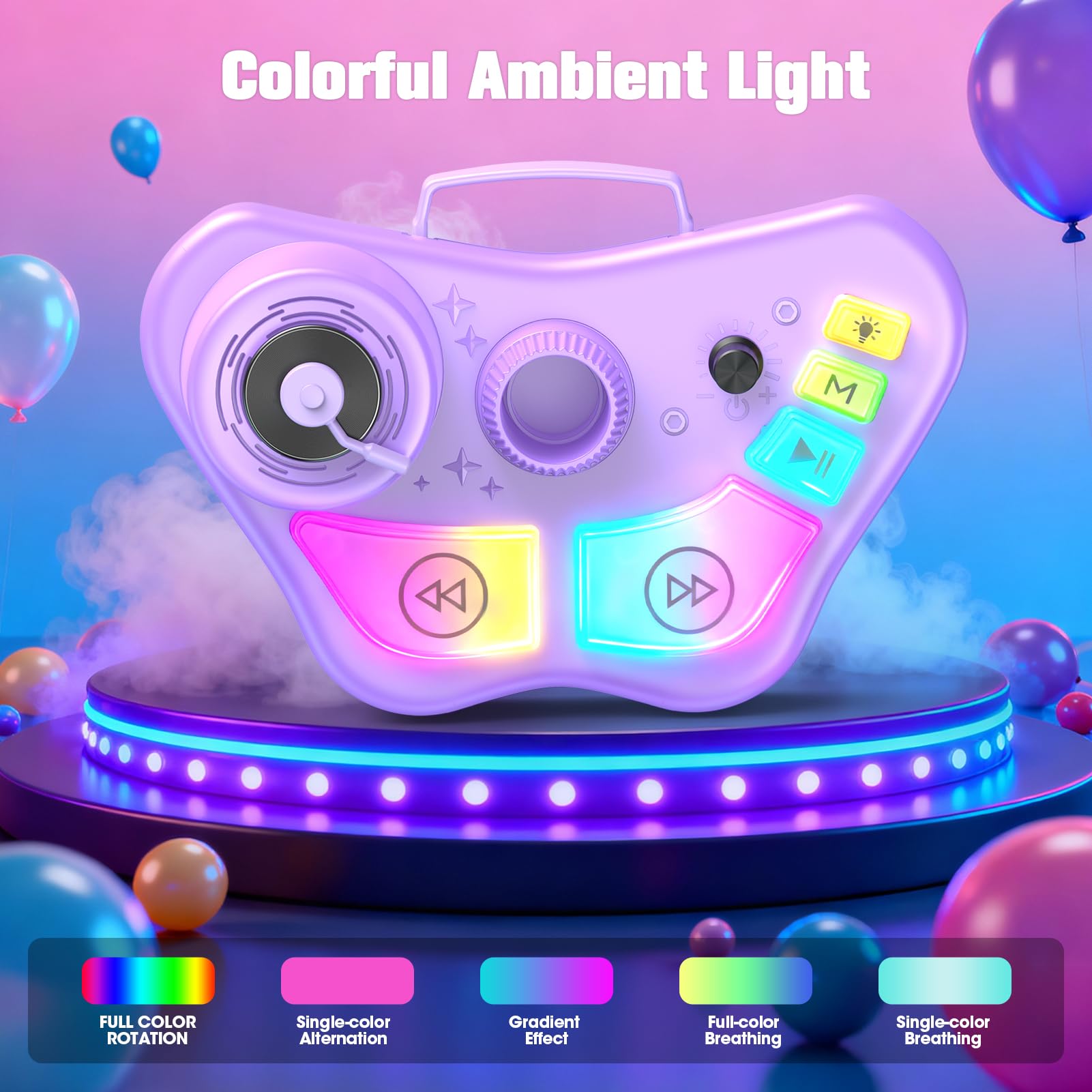 Close up of the speaker base with glowing colorful LED lights and audio control buttons