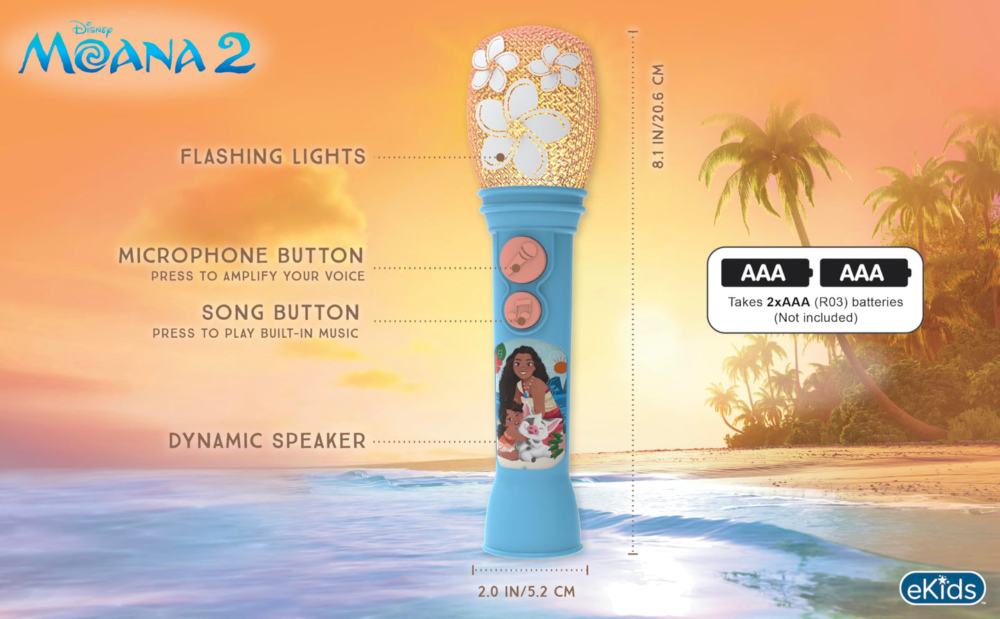 Close up view of the flashing lights and floral graphics on the eKids Disney Princess microphone.
