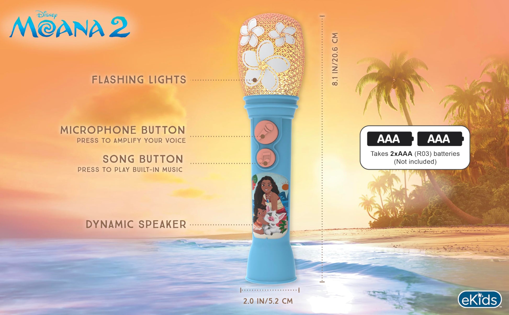 Close up view of the flashing lights and floral graphics on the eKids Disney Princess microphone.