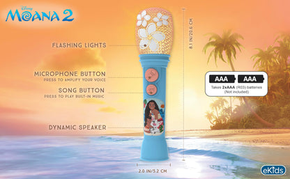 Close up view of the flashing lights and floral graphics on the eKids Disney Princess microphone.