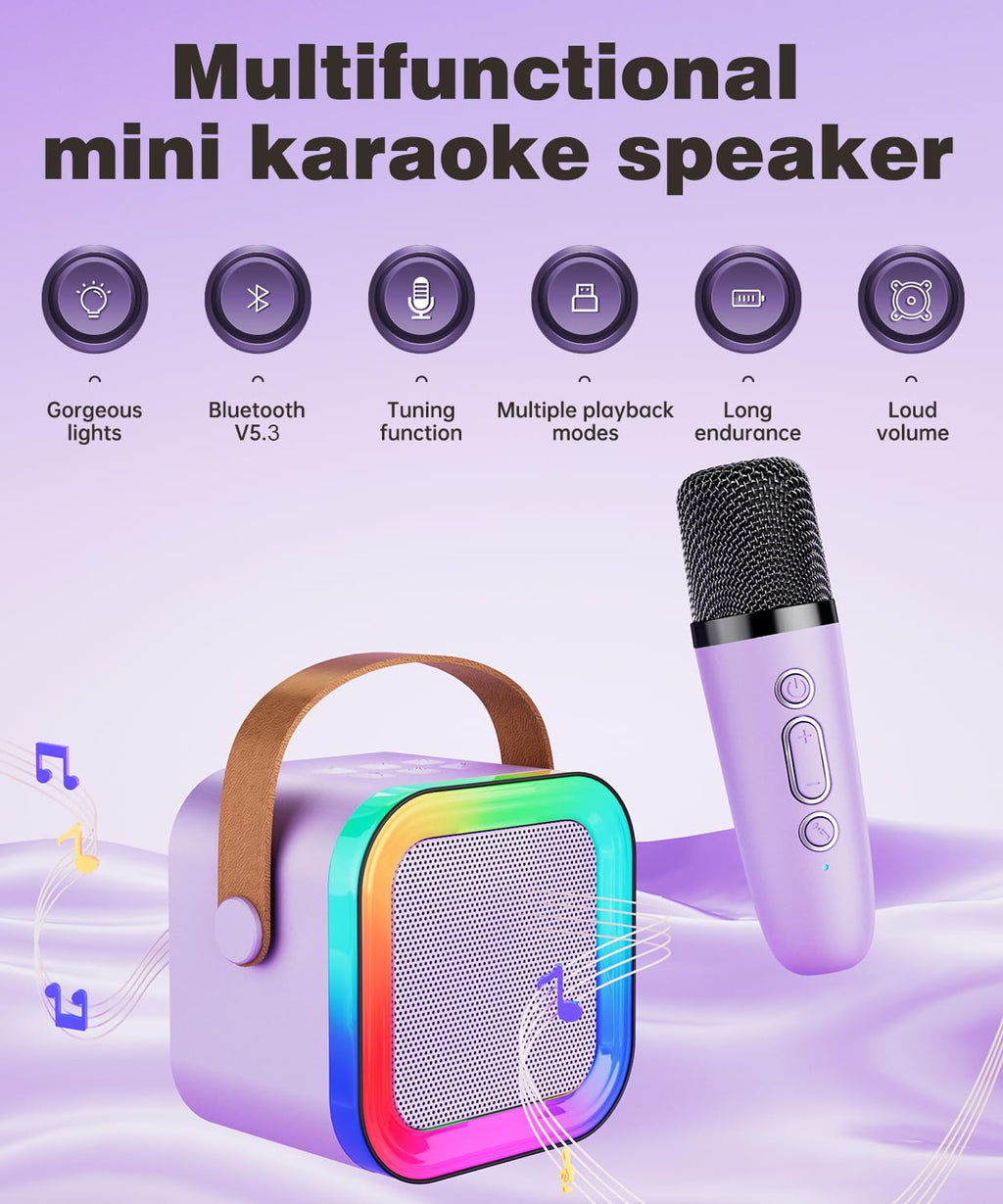 Purple portable Bluetooth speaker close up focusing on the built in leather style carry handle.