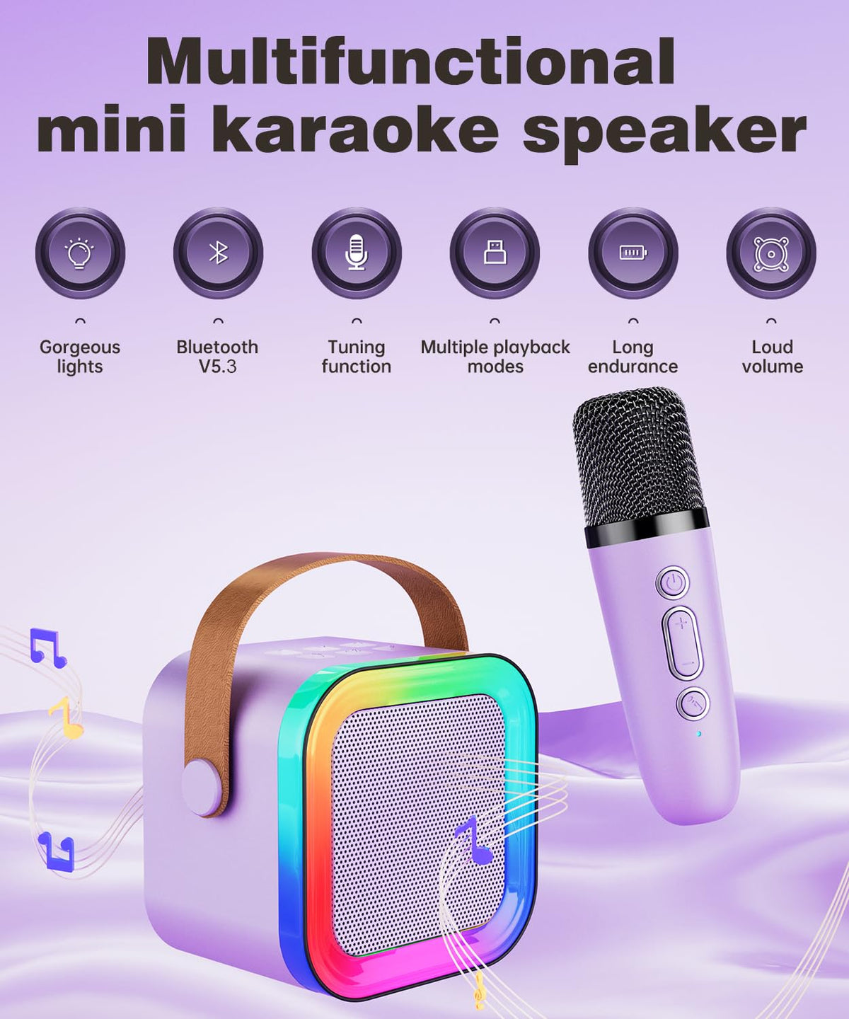 Purple portable Bluetooth speaker close up focusing on the built in leather style carry handle.