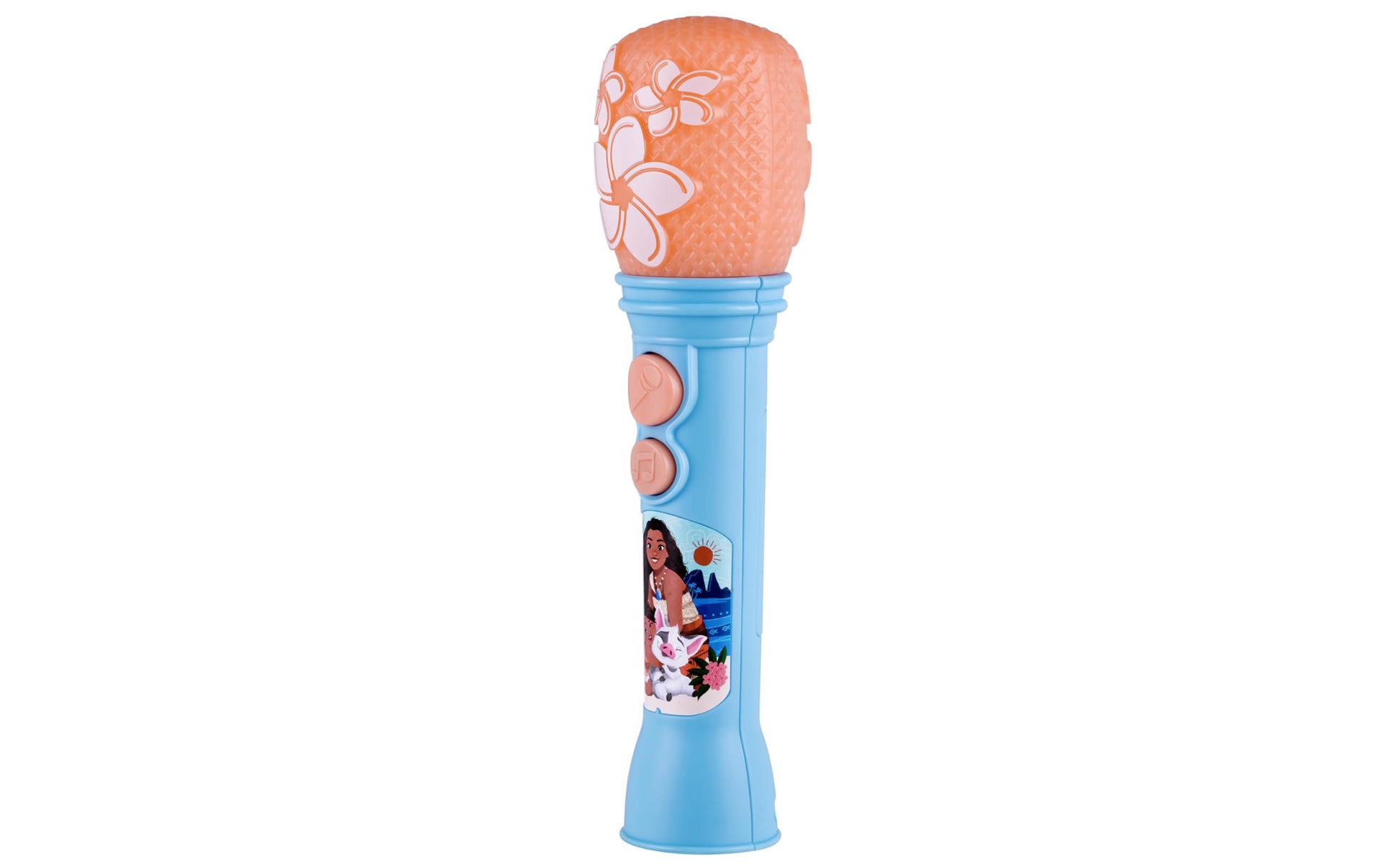 eKids Disney performance toy microphone displaying the audio connection jack and battery door.