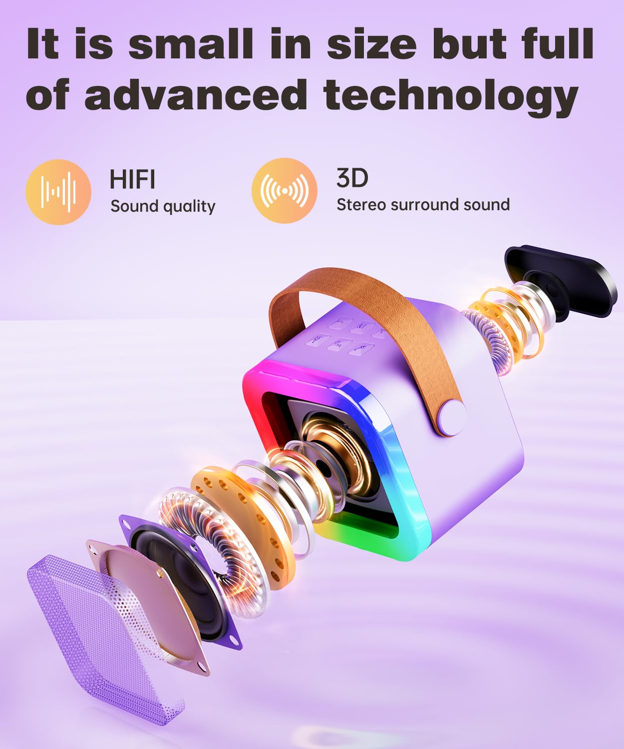BONAOK karaoke speaker displaying the vibrant multicolor light modes during operation.