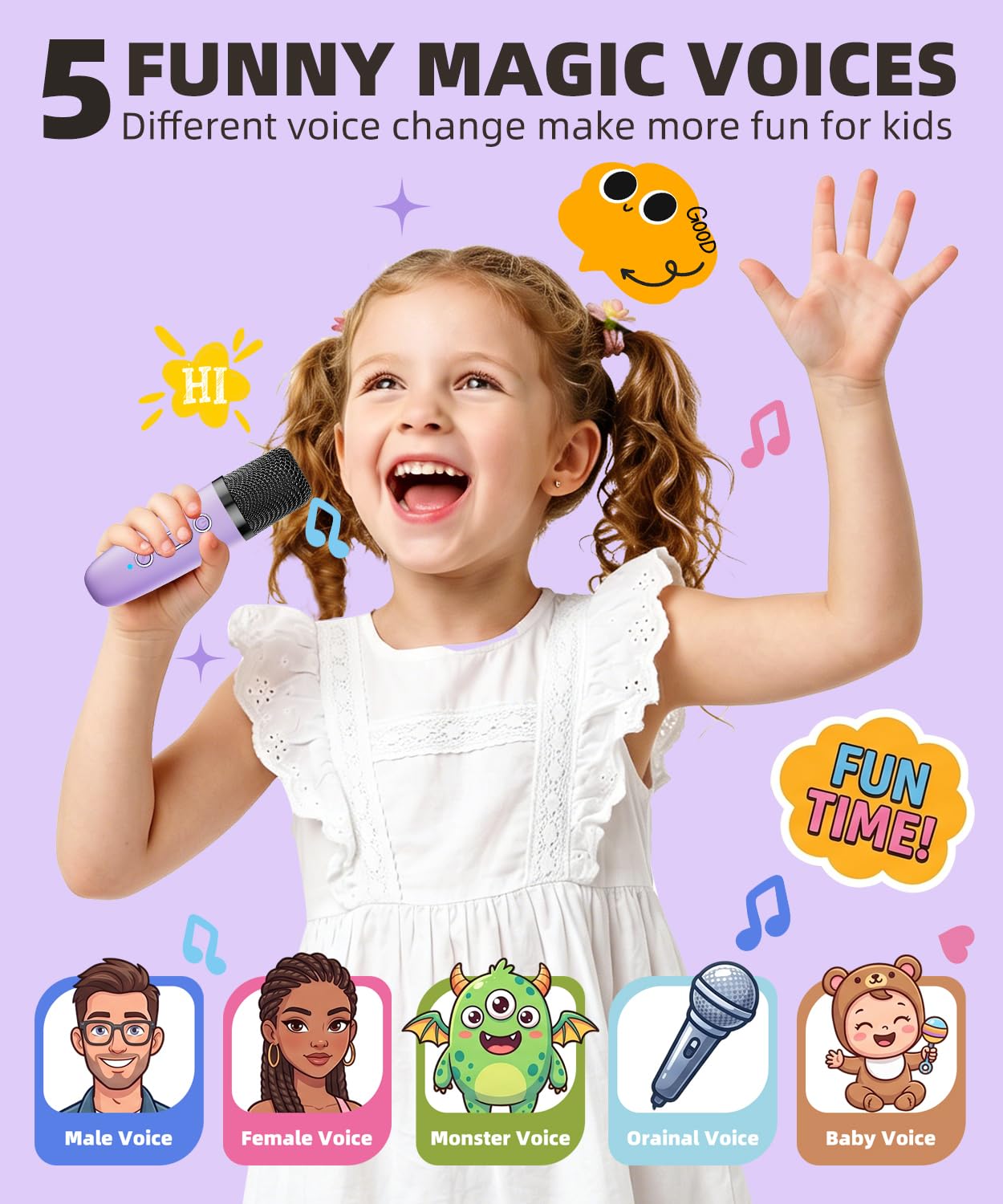 Wireless handheld microphone included with the purple BONAOK mini karaoke machine.