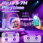 Two Motivekit wireless microphones placed next to the portable speaker illustrating the compact dual duet setup for children