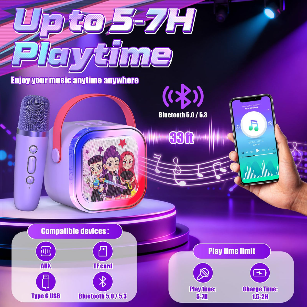 Two Motivekit wireless microphones placed next to the portable speaker illustrating the compact dual duet setup for children