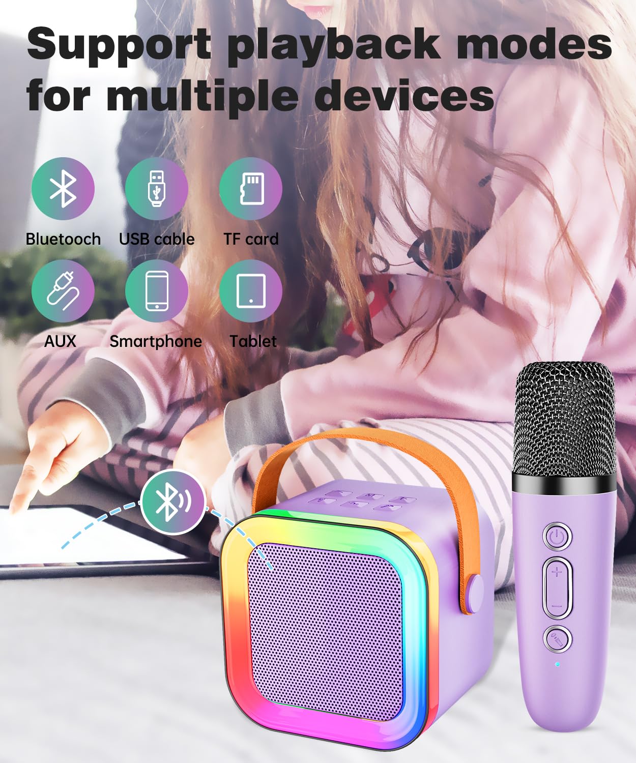 Rear view of the mini karaoke machine showing the USB charging and connectivity ports.