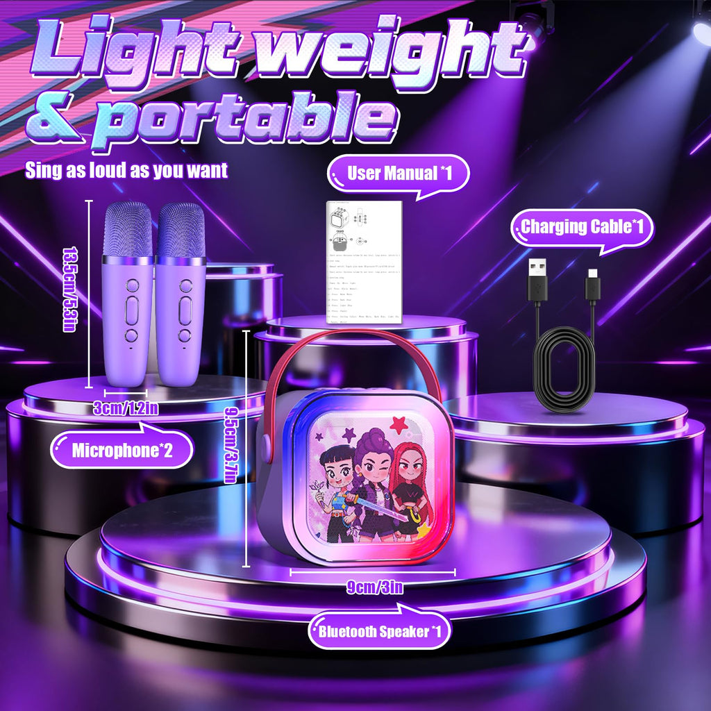 Motivekit mini karaoke speaker operating in a dark room demonstrating the bright multi-color dynamic LED party light effects