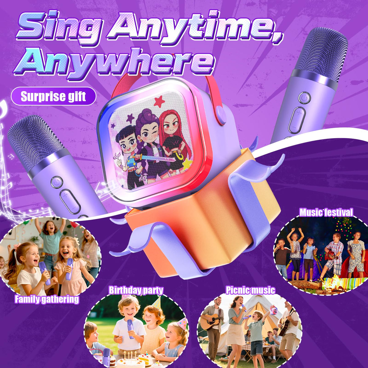 Complete product packaging contents for the Motivekit karaoke machine including the purple speaker unit, two microphones, and charging accessories