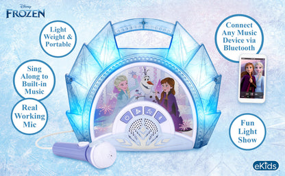 Close up of the blue crystalline design kids karaoke machine showing the wired microphone attached