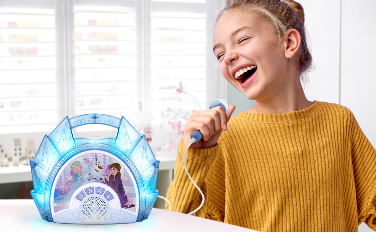 Side profile of the eKids sing along boombox highlighting the integrated carrying handle for kids