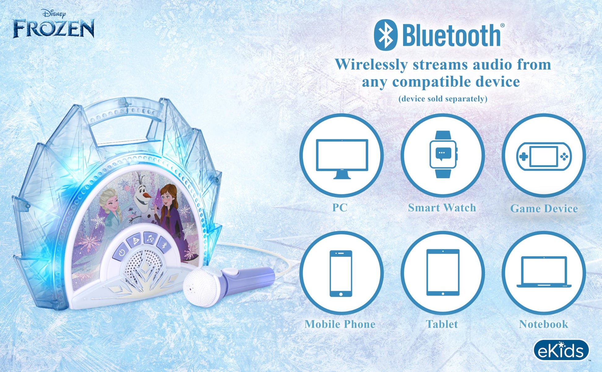 Rear view of the Disney Frozen music player detailing the battery compartment and connectivity ports