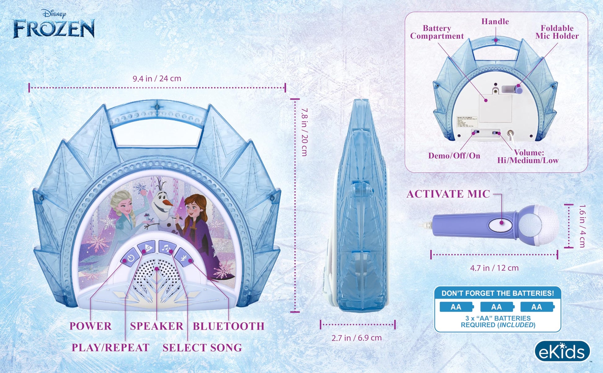 eKids Frozen karaoke speaker system displaying the multi colored flashing LED disco light show active