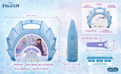 eKids Frozen karaoke speaker system displaying the multi colored flashing LED disco light show active