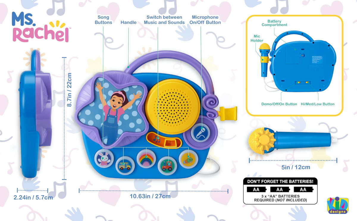 Imported eKids karaoke player packaging detailing the five built in children songs