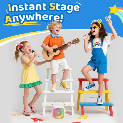 Portable children singing toy with brown leather handle and glowing colorful LED lights