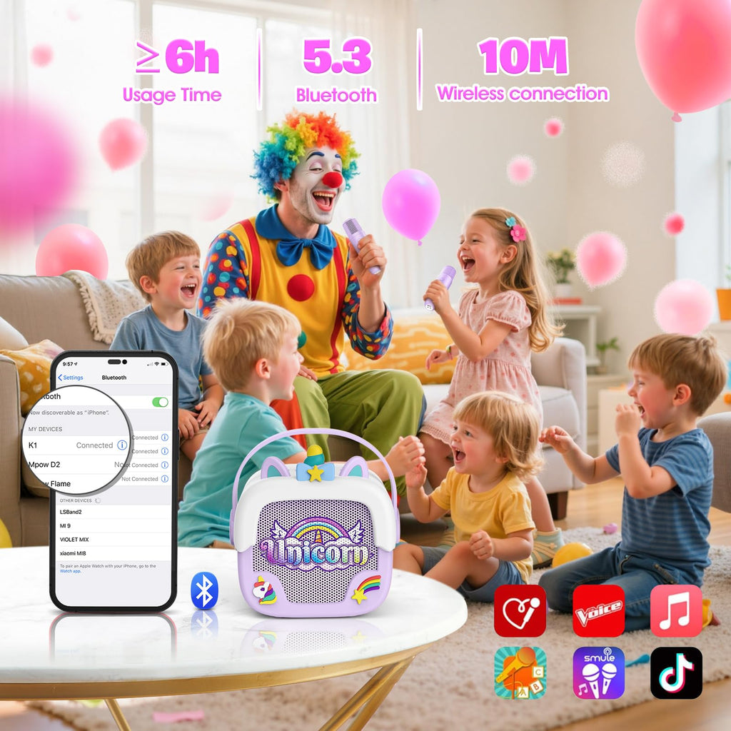 Purple unicorn portable Bluetooth speaker with two matching wireless microphones side profile.