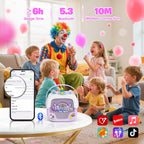 Purple unicorn portable Bluetooth speaker with two matching wireless microphones side profile.
