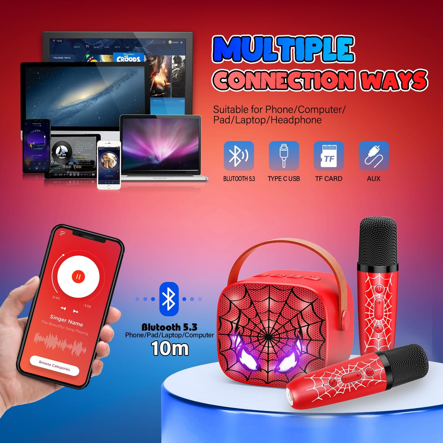 Webspidee children singing toy with Bluetooth five point three connectivity layout features