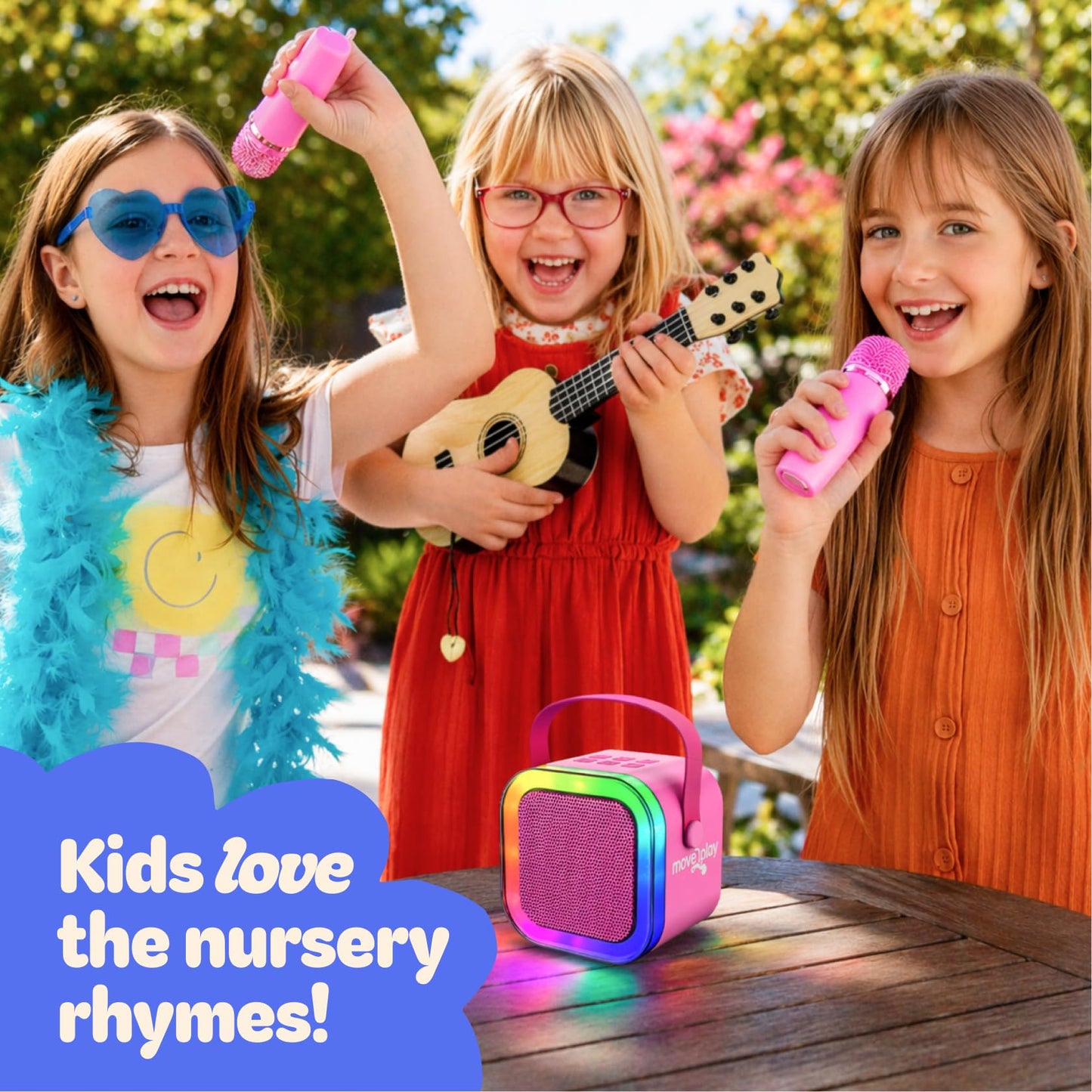 Children playing with the portable blue Bluetooth speaker toy during a birthday party.