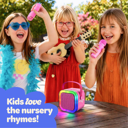 Children playing with the portable blue Bluetooth speaker toy during a birthday party.