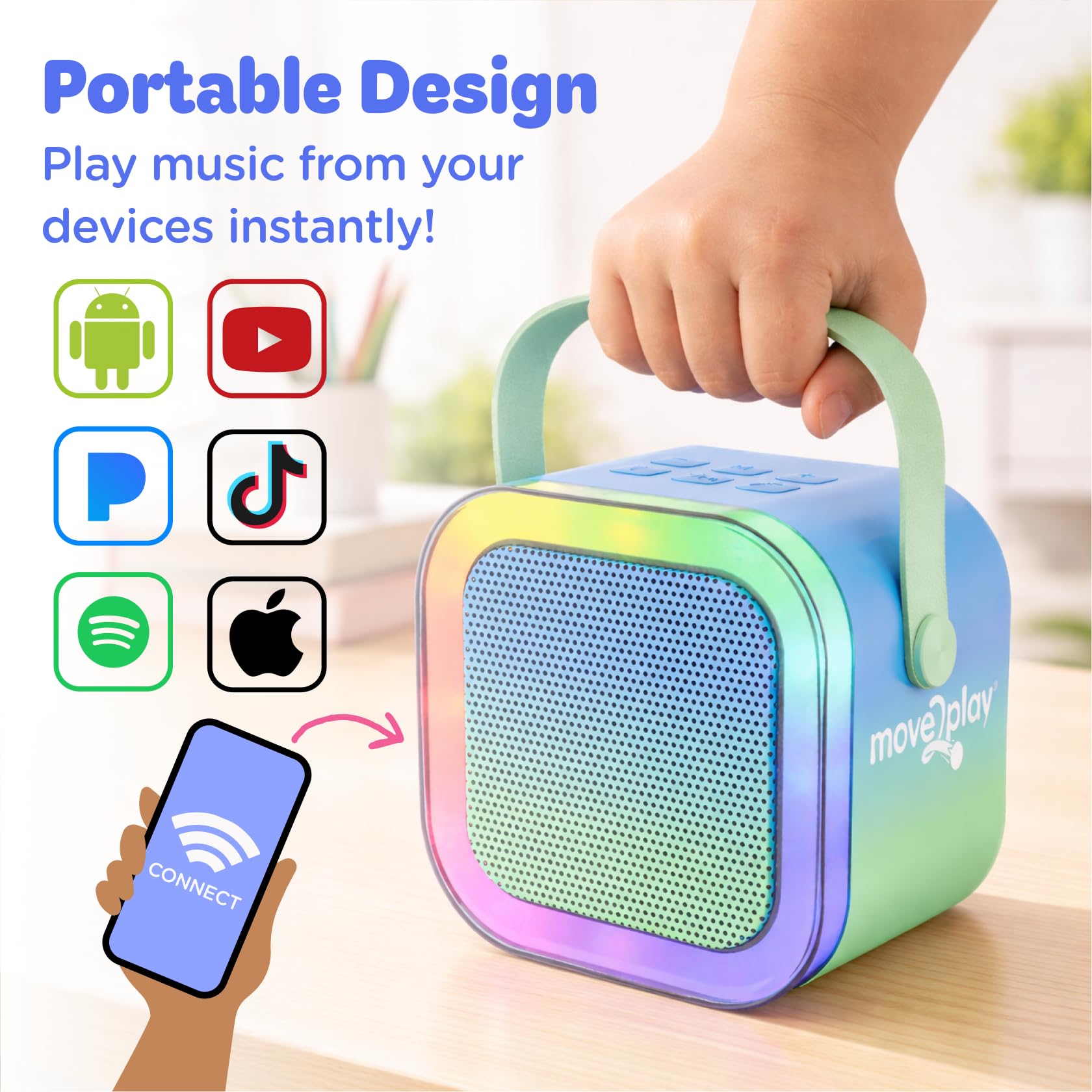 Two toddlers singing a duet together using the dual wireless microphones of the Move2Play machine.