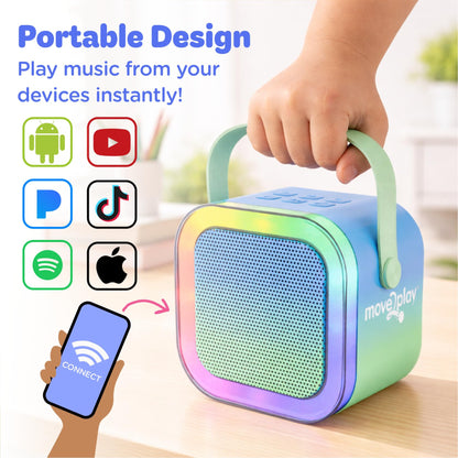 Two toddlers singing a duet together using the dual wireless microphones of the Move2Play machine.