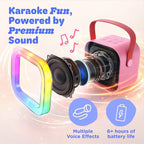 The packaging box of the Move2Play kids karaoke machine showing included accessories and features.