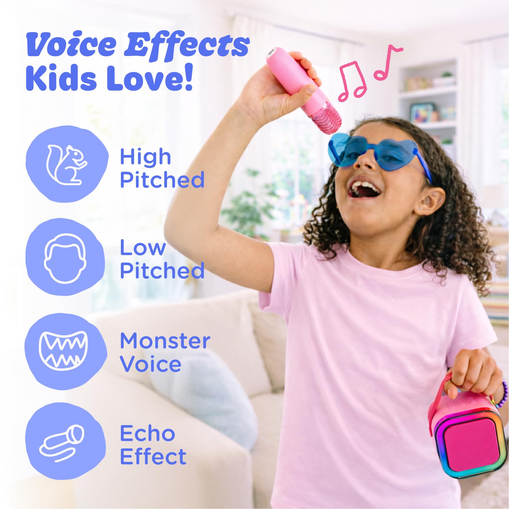 Side view demonstrating the lightweight and durable tantrum proof design of the blue children speaker.