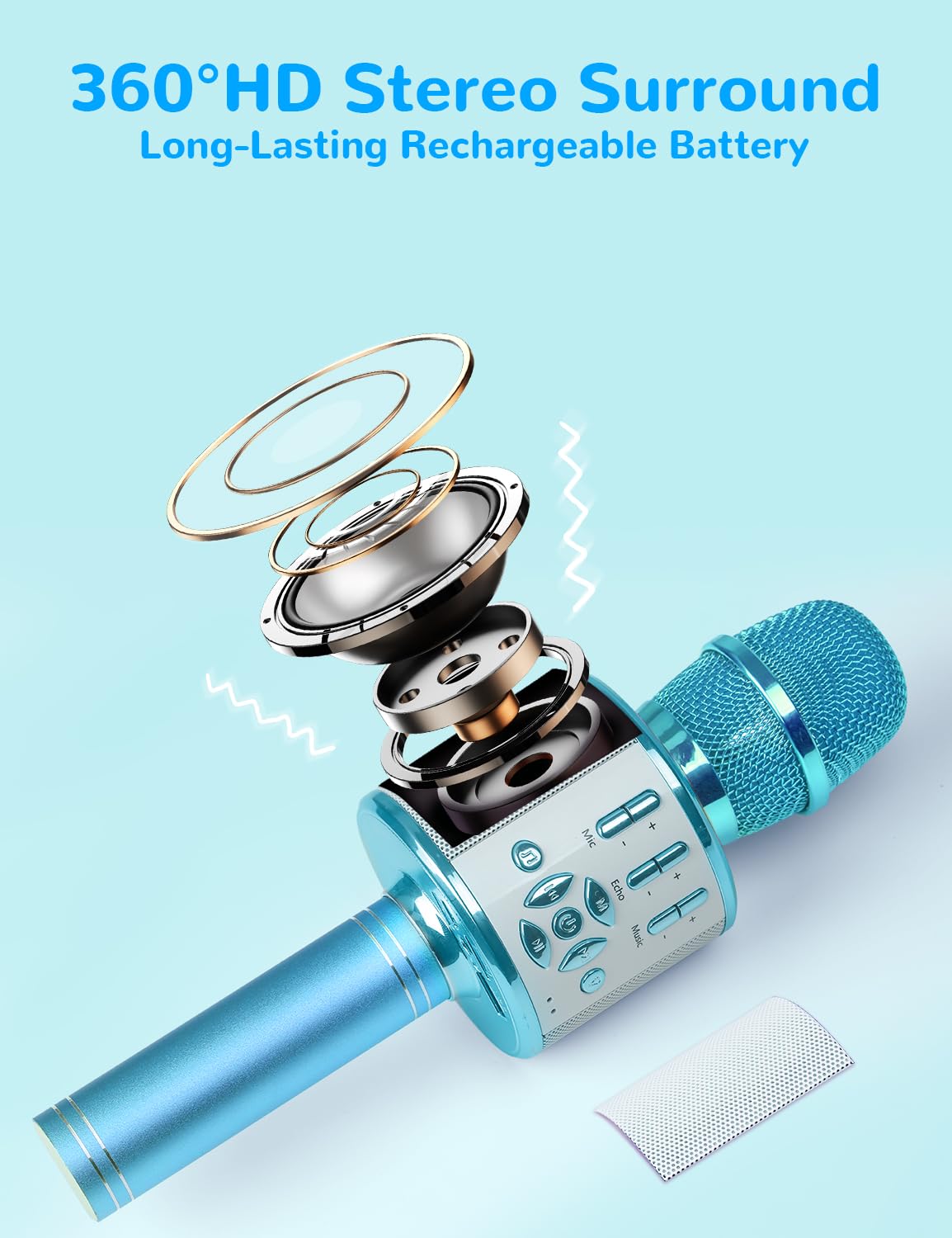 Amazmic children wireless bluetooth singing mic handle close up with volume and echo sliders