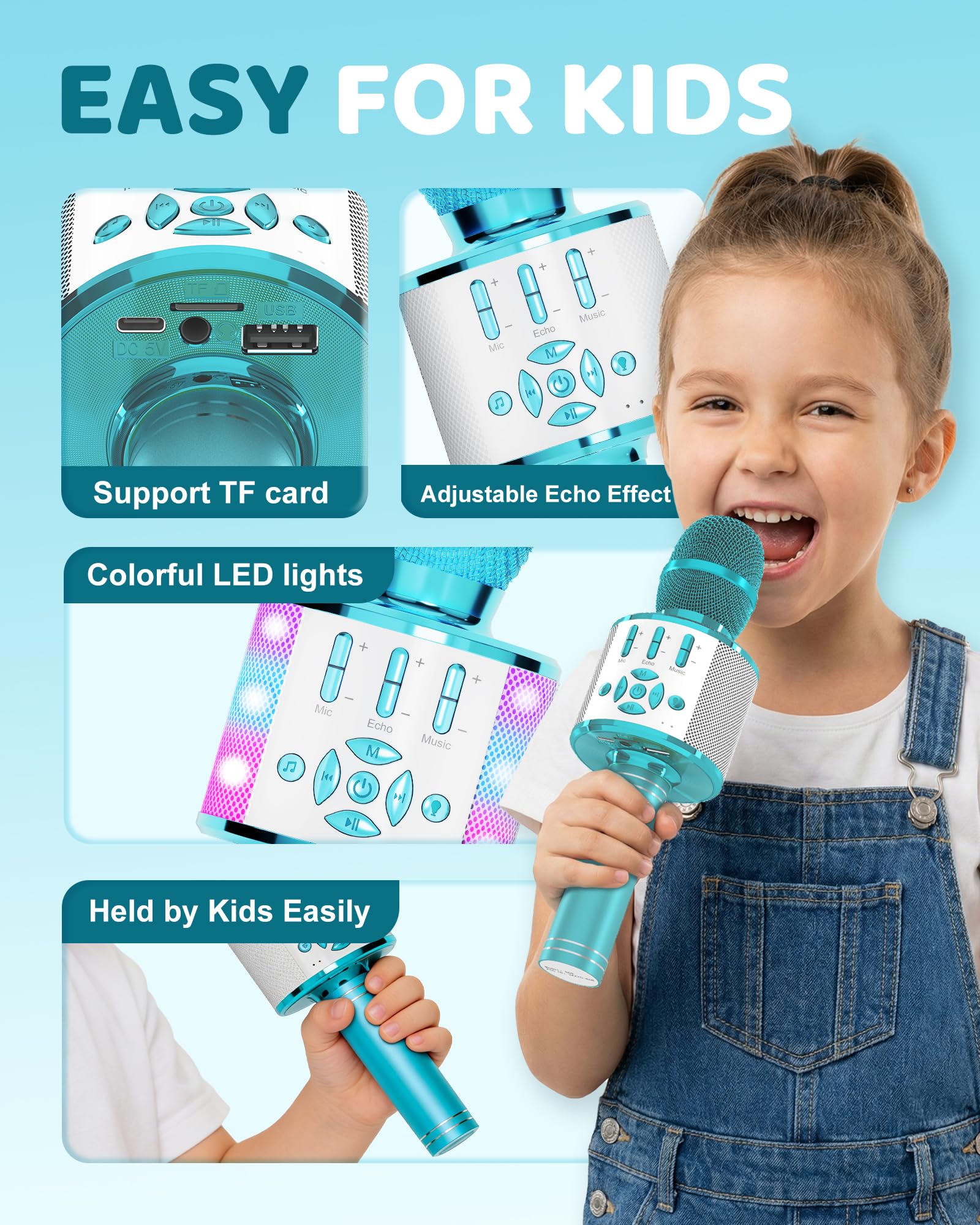 Amazmic portable karaoke device for children showing the top aluminum mesh microphone grill