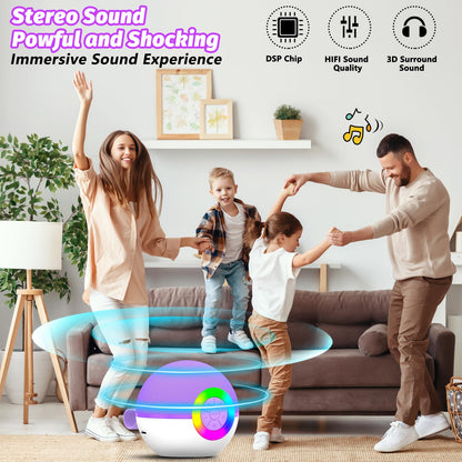 Goopow portable Bluetooth speaker for kids displaying the vibrant multi-colored LED light effects glowing from the front grill.