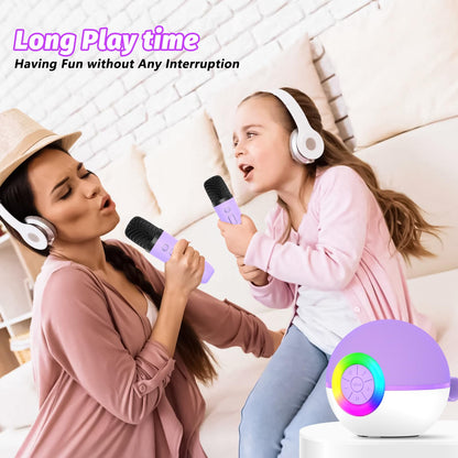 A lifestyle shot of the goopow wireless microphones and speaker system showing the dynamic RGB lighting syncing to music.