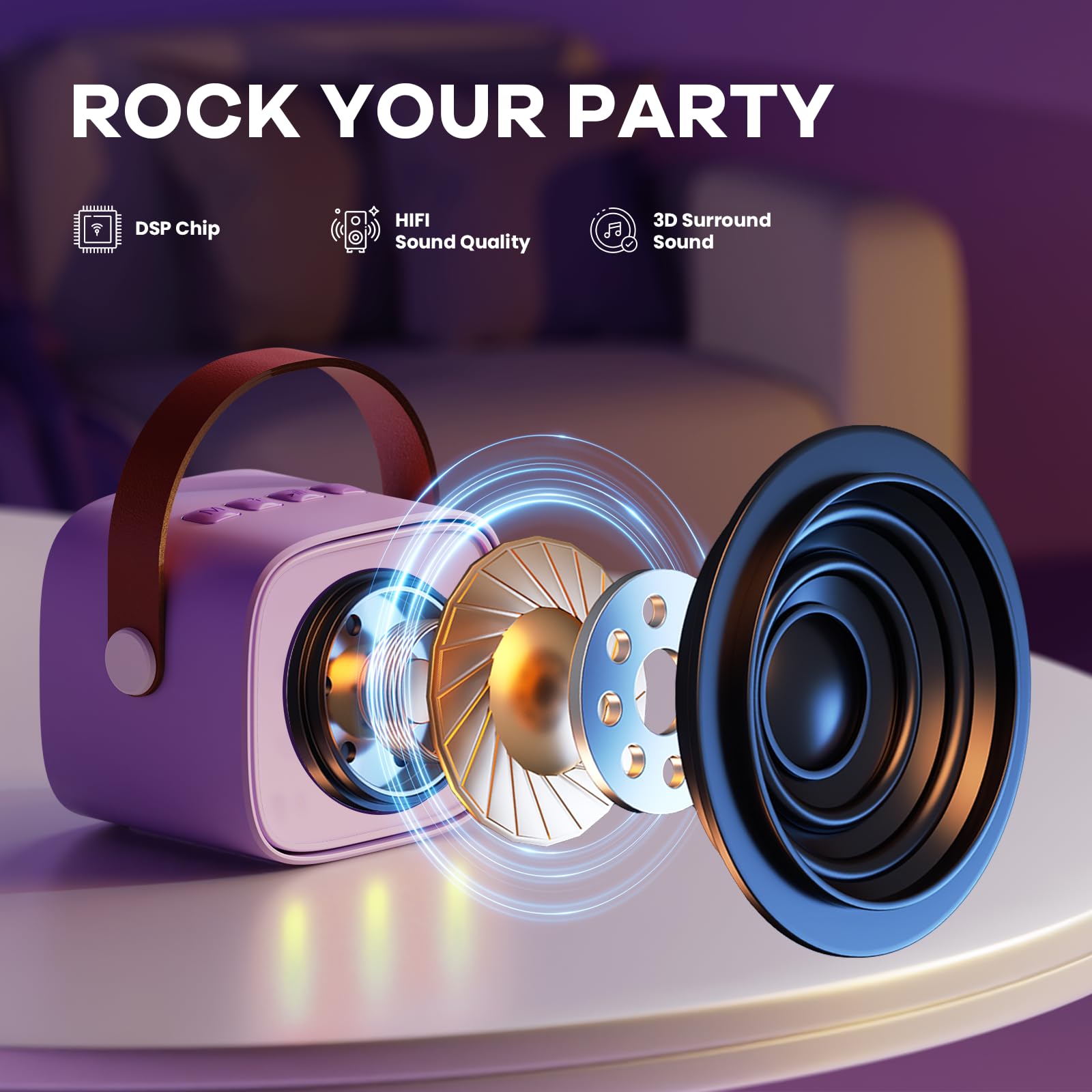 YLL purple children singing speaker set highlighting the dual wireless microphones