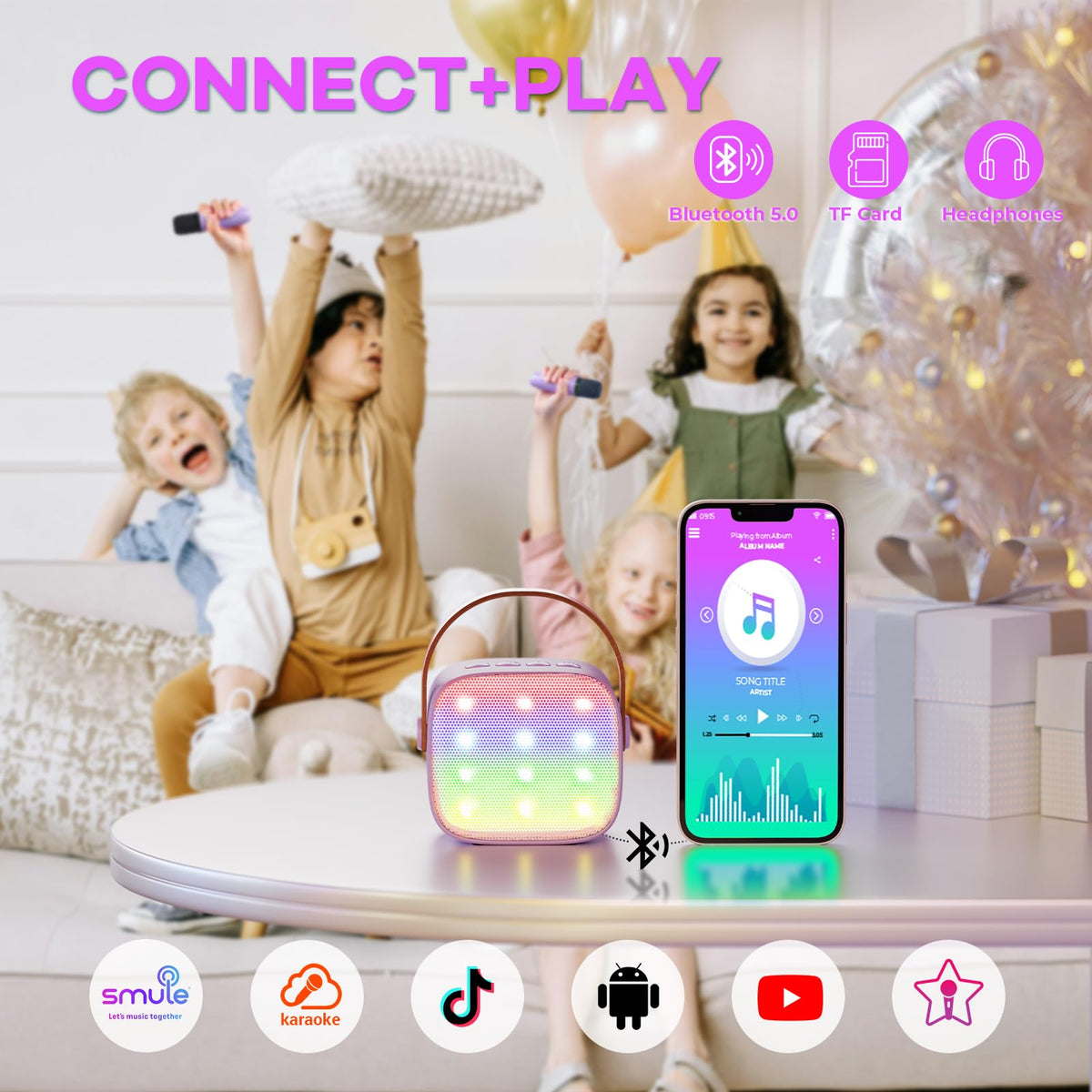 YLL kids karaoke machine showing the durable brown carrying handle close up view