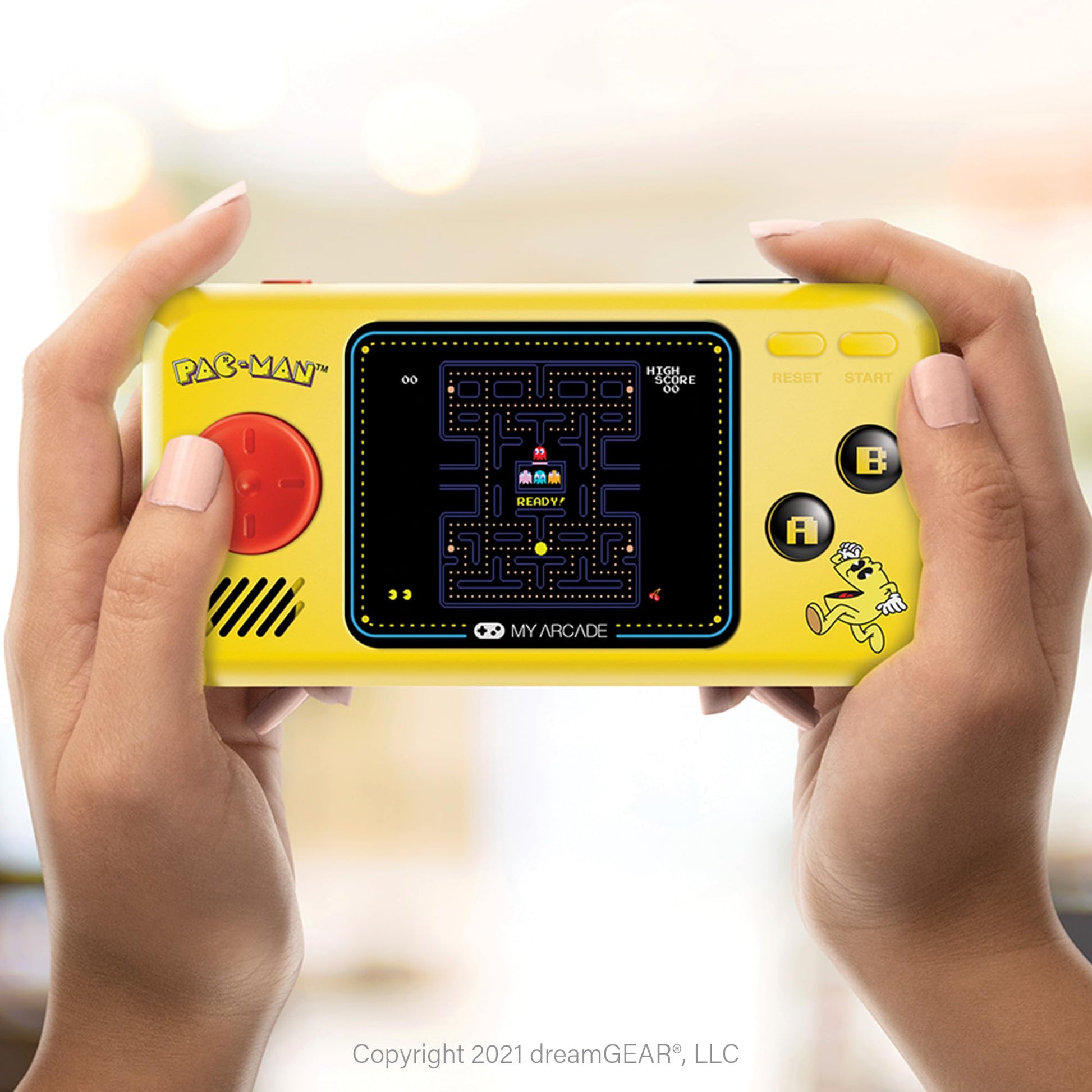 Close up of the Pac-Man handheld console 2.75 inch screen
