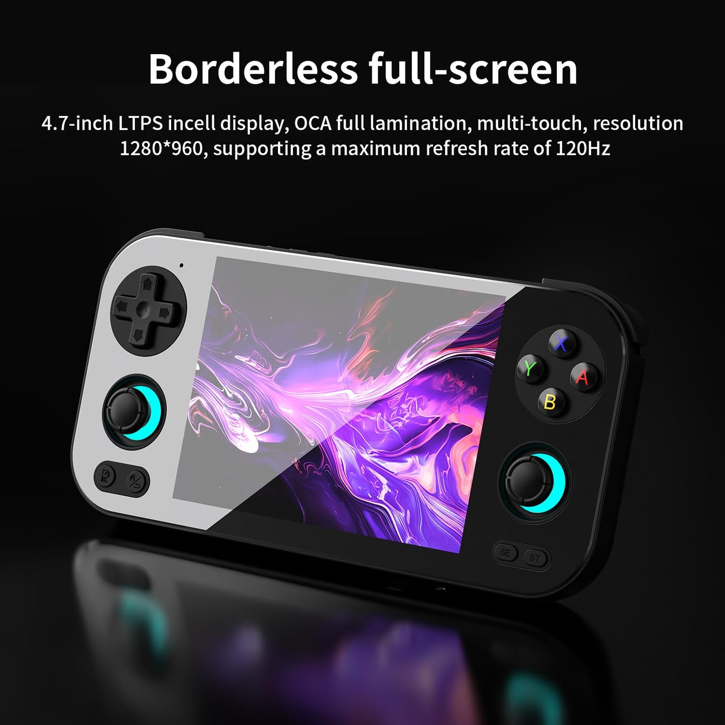 Anbernic RG476H black gaming console showing the 4.7-inch LTPS screen