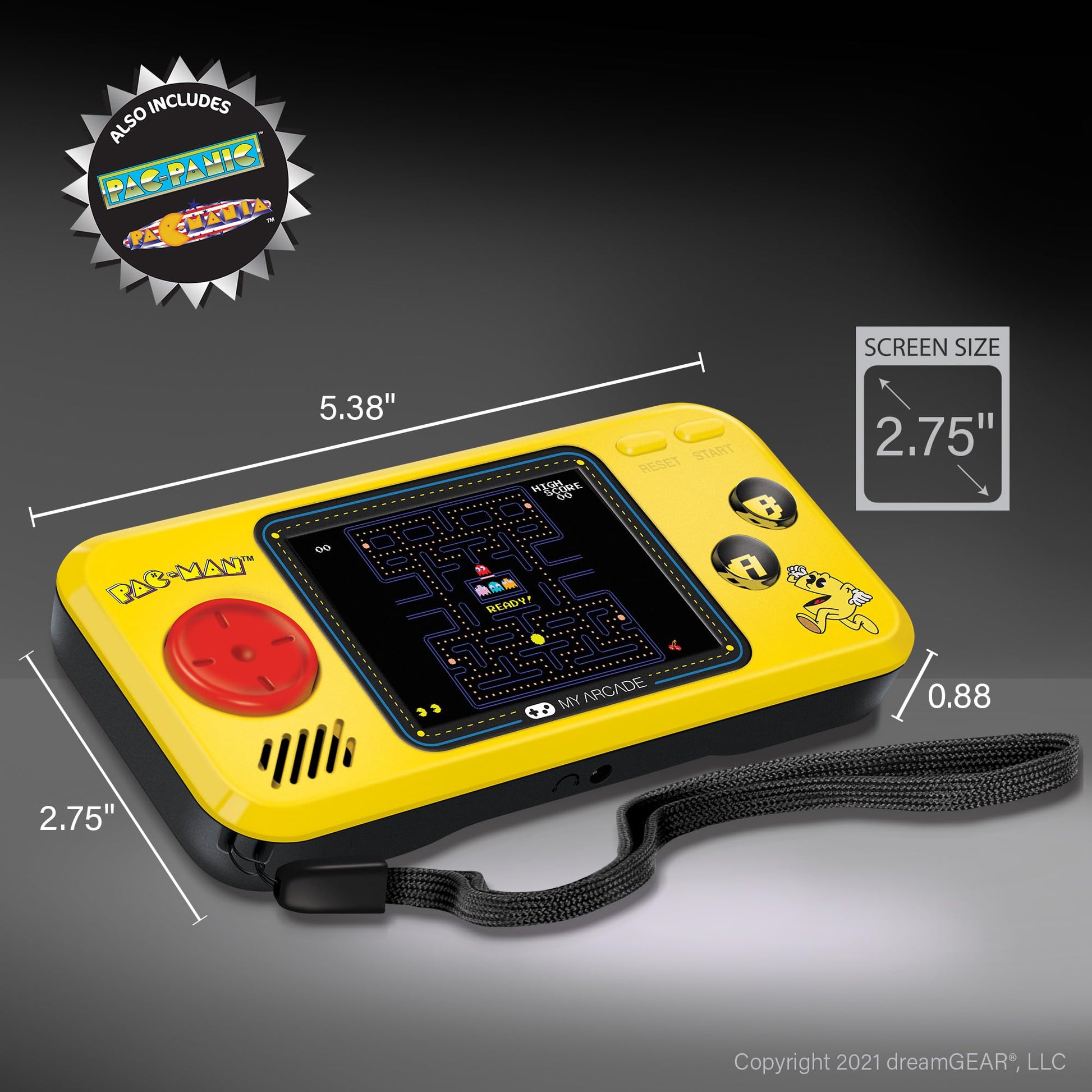 Pac-Man Pocket Player console being held in hand