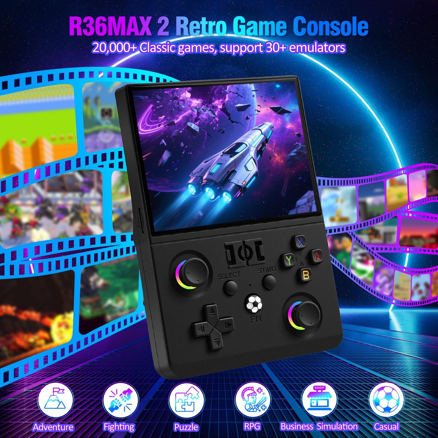 Uytgxen R36max 2 handheld console showing vibrant gaming screen
