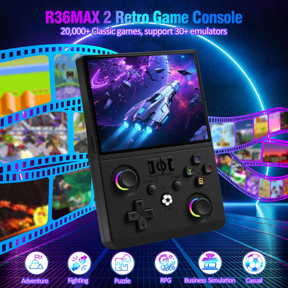 Uytgxen R36max 2 handheld console showing vibrant gaming screen