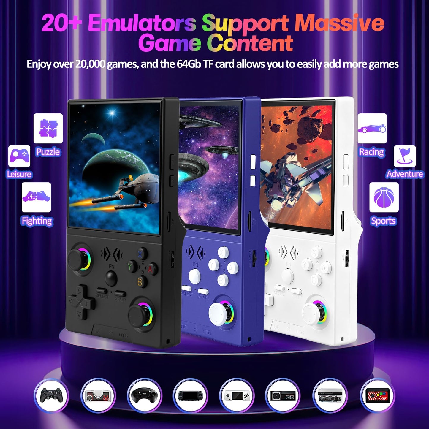 EraVortx XF40V handheld console showing vibrant IPS screen display