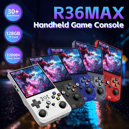R36MAX portable console with 4.0 inch IPS screen showing game interface
