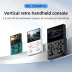 Voacle RG35XX Pro handheld showing 3.5 inch IPS display screen
