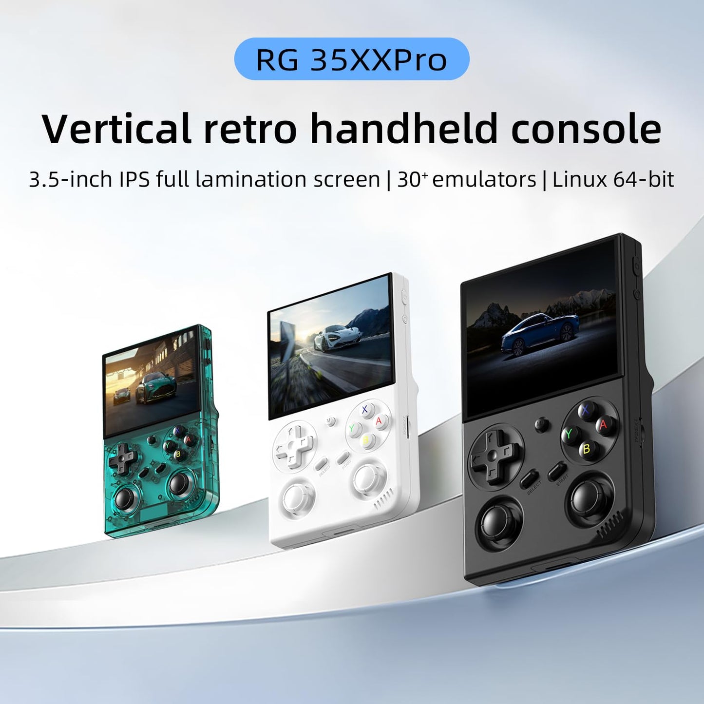 Voacle RG35XX Pro handheld showing 3.5 inch IPS display screen