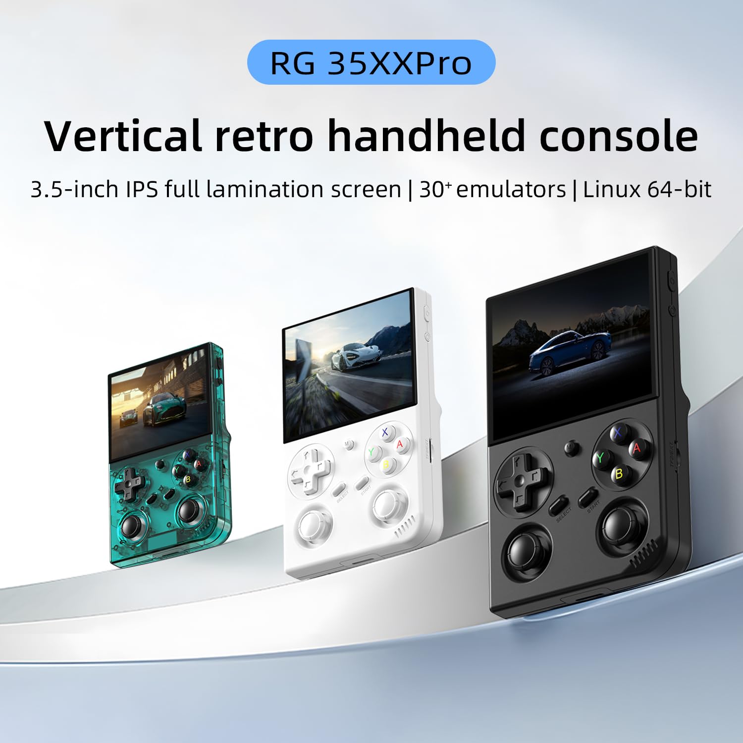 Voacle RG35XX Pro handheld showing 3.5 inch IPS display screen